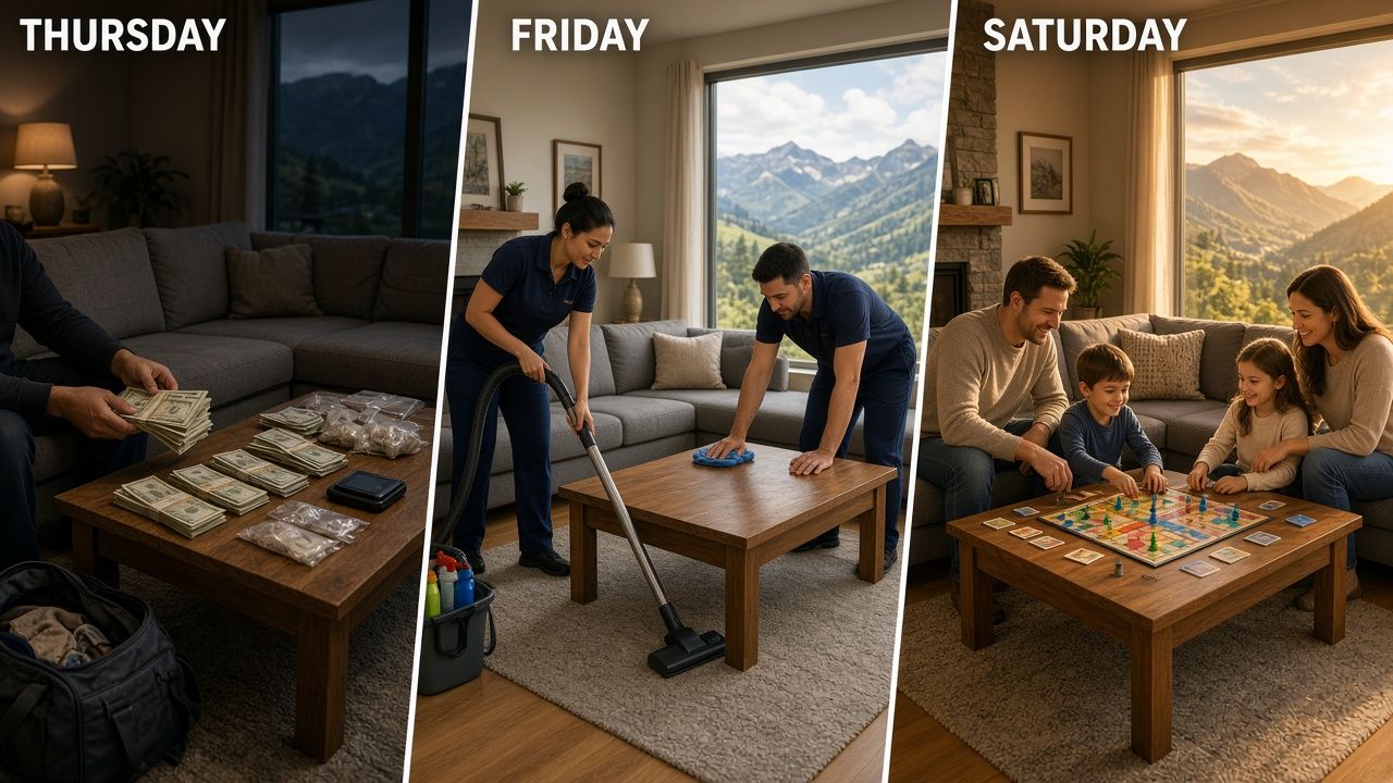 The same vacation rental living room shown three ways: a drug deal on Thursday, cleaners on Friday, and a family relaxing on Saturday